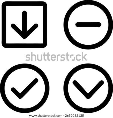 A set of four bold black and white icons: a download arrow in a square, a minus in a circle, a checkmark in a circle, and a dropdown arrow in a circle.