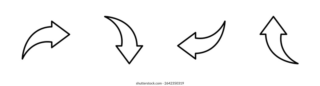 Set of four bold curved directional arrows pointing right, down, left, and up symbolizing navigation, movement, direction, and flow in digital or design elements.