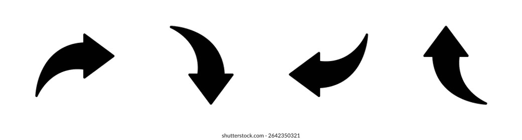Set of four bold curved directional arrows pointing right, down, left, and up symbolizing navigation, movement, direction, and flow in digital or design elements.