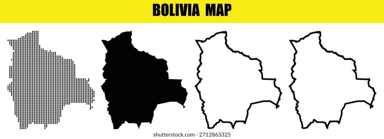 Conjunto de cuatro esquemas de mapas de Bolivia, estilos de arte sólido, sombreado y de línea
