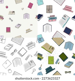 A set of four book patterns. Books are colored with a black outline, open, closed, stacked.