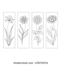 Set of four bookmarks. Black and white hand draw sketch. Fantasy flowers zendoodle. Stylized narcissus, lily, chamomile, poppy. Coloring book for children and adults, label. Vector illustration.