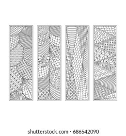 Set of four bookmarks. Black and white hand draw sketch in style of doodle. Coloring book for children and adults, label, banner. Vector illustration.