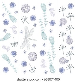 Set of four bookmarks. Coloring hand draw sketch. Fantasy flowers and dragonfly doodle. Label or banner. Vector illustration.