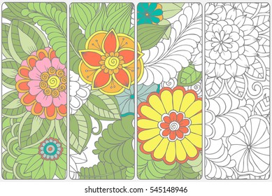 Set of four bookmarks .Floral doodling