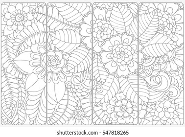 Set of four bookmarks .Floral doodling