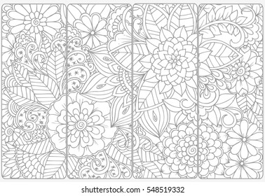 Set of four bookmarks .Floral doodling in black and white.