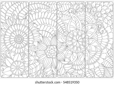 Set of four bookmarks .Floral doodling in black and white.