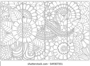 Set of four bookmarks .Monochrone floral doodling 