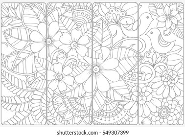 Set of four bookmarks .Monochrone floral doodling 