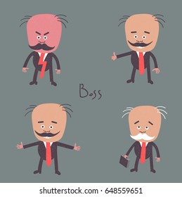 Set four bosses. Angry boss. Good boss. Boss with case. Flat style. Business illustration.