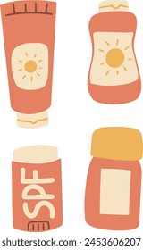 set of four bottles of SPF sunscreen displayed on a white background, resembling a minimalist art piece. The rectangular bottles create a pattern, enhancing the visual appeal of the image
