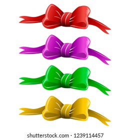 A set of four bows: red, yellow, purple and green.