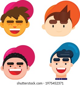 Set of four boys face. Flat Design Isolated vector illustration.