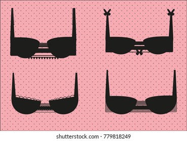 Set of four bra vectors on a pink dotted background