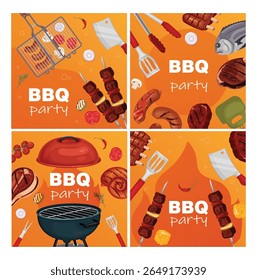 Set of four bright BBQ party illustrations with grilled meat, skewers, tools, and vegetables. Colorful square templates on orange background. Perfect for banners or invitations.