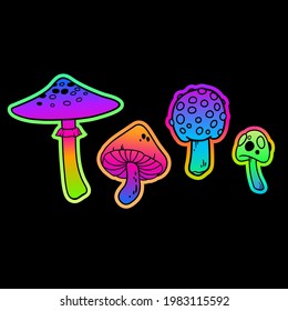 set of four bright colored mushrooms