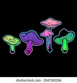 set of four bright colored mushrooms