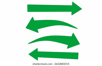 Set of four bright green arrows in various styles and directions on a white background. Representing movement, flow, navigation, or change. Ideal for infographics, digital communication visuals.
