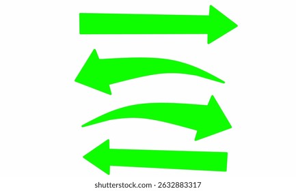Set of four bright green arrows in various styles and directions on a white background. Representing movement, flow, navigation, or change. Ideal for infographics, digital communication visuals.