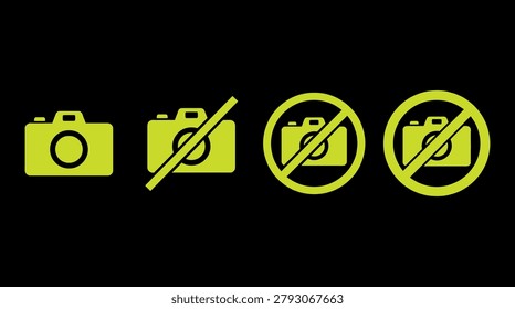 A set of four bright green icons showing camera options, ranging from a standard camera to symbols indicating restricted or banned photography