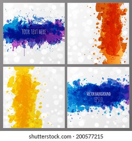 Set of four bright grunge splashes on glowing white background. Vector illustration.