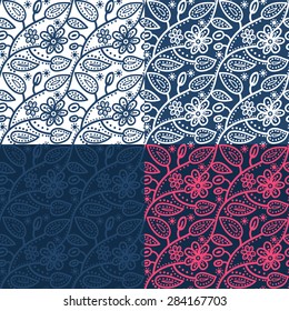 Set of four bright hand drawn seamless retro textile folk patterns with leaves and flowers, vector illustration