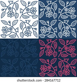 Set of four bright hand drawn seamless retro textile folk patterns with leaves and flowers, vector illustration