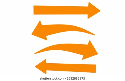 Set of four bright orange arrows in various styles and directions on a white background. Representing movement, flow, navigation, or change. Ideal for infographics, digital communication visuals.