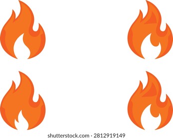 A set of four bright orange flame icons in a cartoon style, arranged on a clean and pure white background, ideal for use in graphic design projects, presentations, or digital media