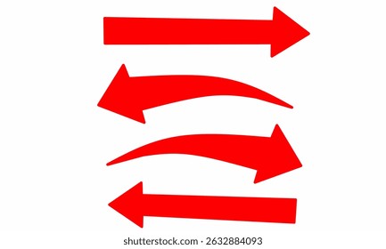 Set of four bright red arrows in various styles and directions on a white background. Representing movement, flow, navigation, or change. Ideal for infographics, digital communication visuals.