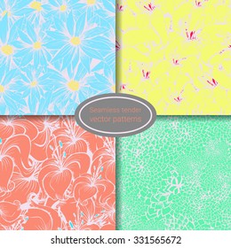 Set of four bright seamless flower patterns in vintage style. Vector illustration for your graphic design.