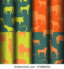 Set with Four Bright Seamless Pattern with African Savannah Animals Performed in Blank Simplistic Manner. Ideal for Paper or Fabric Print and Web Usage. Vector EPS 10