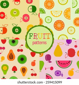 Set of four bright seamless patterns with different flat fruits and berries