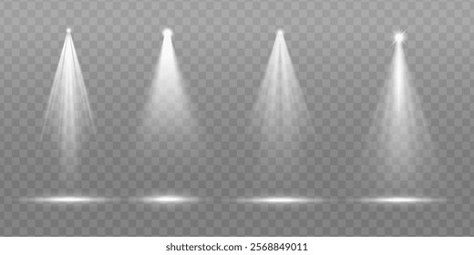 Set of four bright spotlights on a transparent background. Spotlights create focused beams of light. Ideal for stage, theater, or event design. Overlay effect vector element set.