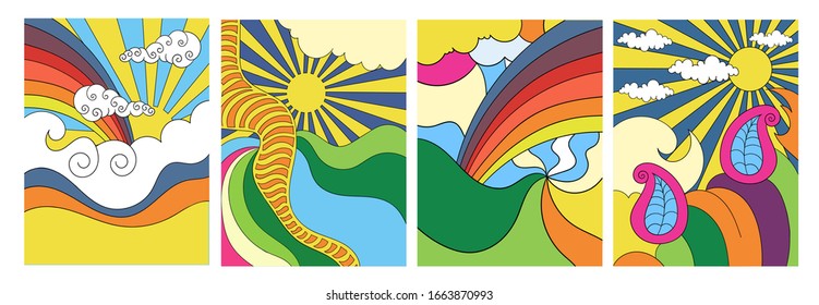 Set of four brightly colored stylised abstract psychedelic landscapes with the sun, clouds and rainbow for posters, cards or covers, colored vector illustration