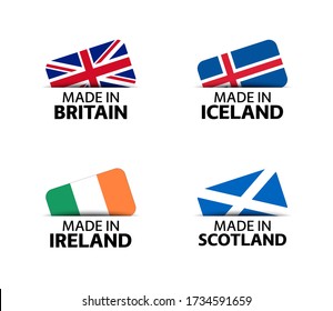 Set of four British, Icelandic, Irish and Scottish stickers. Made in Britain, Made in Iceland, Made in Ireland and Made in Scotland. Simple icons with flags isolated on a white background svg