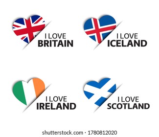 Set of four British, Icelandic, Irish and Scottish heart shaped stickers. I love Britain, Iceland, Ireland and Scotland. Made in Britain, Made in Ireland. Simple icons with flags