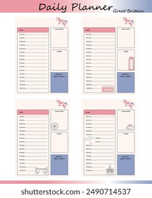 A set of four British themed day planner templates. Each template includes UK-themed illustrations, sections for schedules, reminders, notes and daily affirmations.