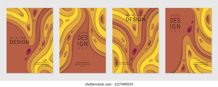 Set of four brochure, flyer or card; Abstract paper cut warm background with wavy layers; Realistic carving art; Vector 3d template with place for text.