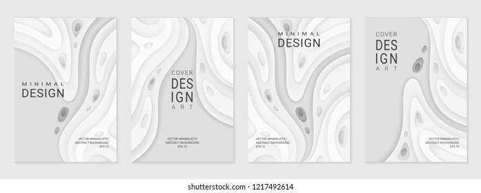 Set of four brochure, flyer or card; Abstract paper cut white background with wavy layers; Realistic carving art; Vector 3d template with place for text.