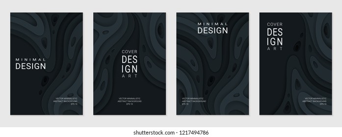 Set of four brochure, flyer or card; Abstract paper cut black background with wavy layers; Realistic carving art; Vector 3d template with place for text.
