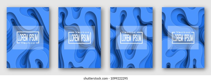 Set of four brochures. Blue. Paper style. Volume waves with shadow. For text and your design. 10 eps