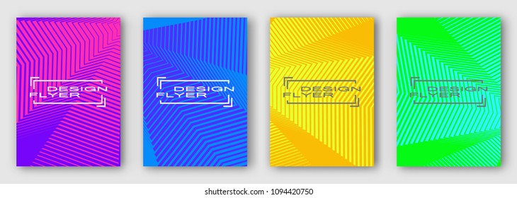 Set of four brochures, posters, flyers. Multi colored geometric lines with curves. Purple blue orange green. For your design. 10 eps