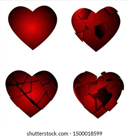 Set Of Four Broken Hearts, Glass Heart Shattered, Fragile, Broken. Vector File Eps 10 