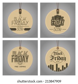 a set of four brown signs with text for black friday