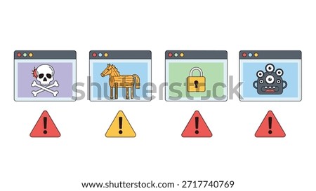 Set of four browser windows showing cybersecurity threats like malware and hackers with warning signs on white background.