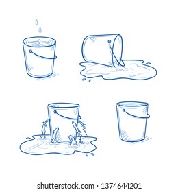 Set of four buckets. Full and empty one, one toppled over and a leaking one in a puddle. Hand drawn doodle vector illustration.