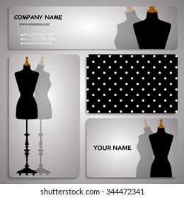 Set Of Four Business Card And Header Templates With Stylized Body Form Dress Mannequin, Fashion, For Greeting, Invitation Card, Or Cover. Vector Illustration