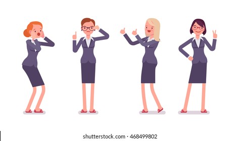 Set of four business female characters. Surprised, instructive, strict, thumb up, vicory. Women are in a formal wear. The set of characters isolated against the white background. Cartoon vector flat